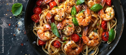 A skillet filled with delicious pasta and shrimp, topped with fresh basil and cherry tomatoes.