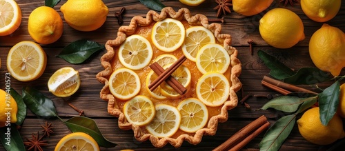A freshly baked crostata with a tangy Meyer lemon filling, sprinkled with cinnamon, displayed on a rustic wooden table. photo