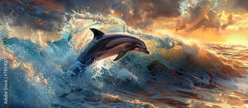 A painting depicting a dolphin gracefully leaping out of the water, captured in mid-air with splashing waves below.