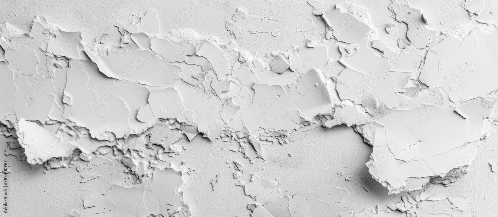 Fototapeta premium A white cement wall with peeling paint, revealing the rough texture underneath.
