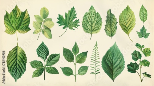 Botanical Illustrations: A photo of a botanical illustration featuring leaves from various plant species #785400903