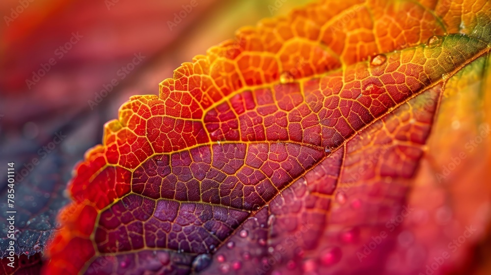 Fototapeta premium Close-up Leaves: A photo featuring the vibrant colors of a leaf, with reds, oranges, and yellows