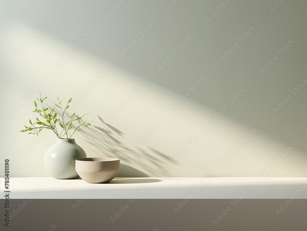 Photo of a modern minimal abstract background, an empty table top in a  color with a soft shadow and copy space for product display presentation mock-up