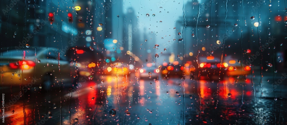 Fototapeta premium A rainy city street filled with cars and buses moving slowly in traffic, blurred by the falling rain. Pedestrians with umbrellas hurry along the wet sidewalks.