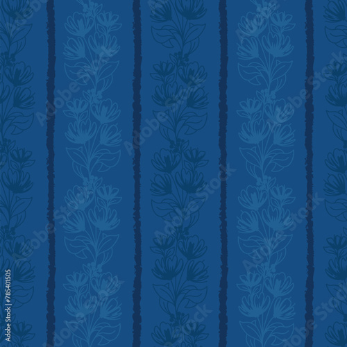 Blue Monochrome Floral Branches Vector Seamless Stripes Pattern