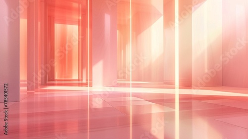 Symphonic Serenity: A Captivating 3D Rendering of an Empty Geometrical Room Illuminated in Soft Coral Light, Harmonizing Contemporary Geometry with Tranquil Tones 