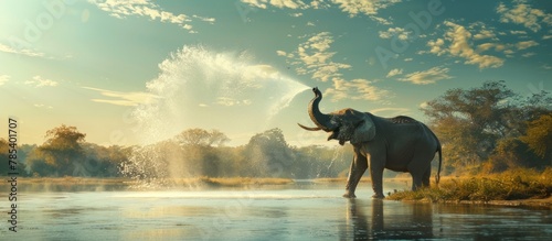 An elephant is using its trunk to spray water high into the air, creating a spectacular sight.
