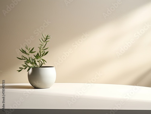 Photo of a modern minimal abstract background, an empty table top in a  color with a soft shadow and copy space for product display presentation mock-up © Celina