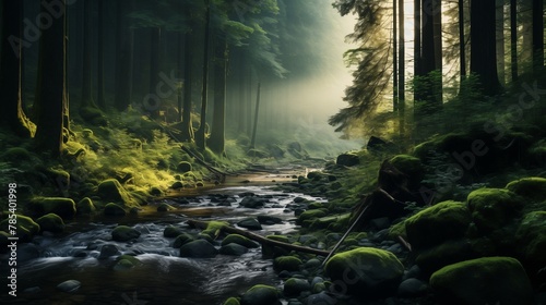 A serene forest clearing bathed in the soft light of dawn, a gentle stream meandering through the moss-covered rocks and ferns.
