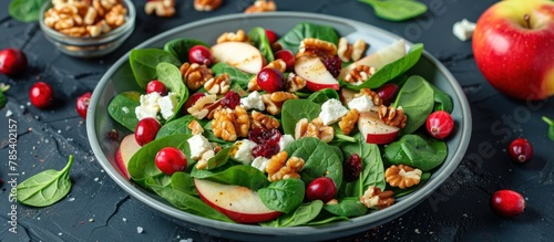 A bowl filled with fresh baby spinach leaves, red apple slices, dried cranberries, and walnuts, creating a vibrant and nutritious salad.