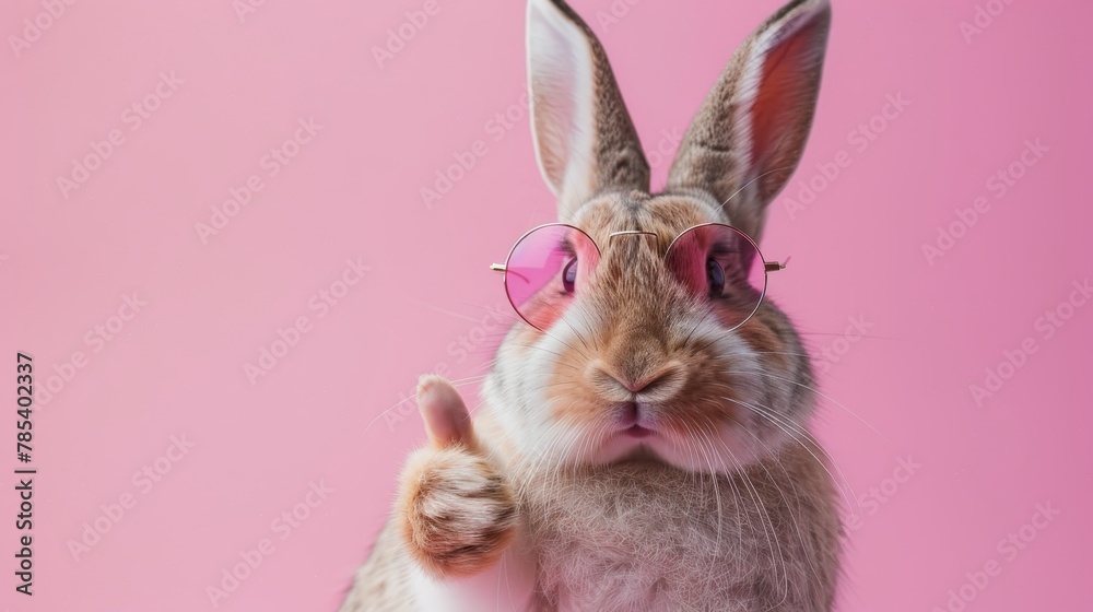 Funny easter bunny in sunglasses giving thumbs up on pastel background with text space