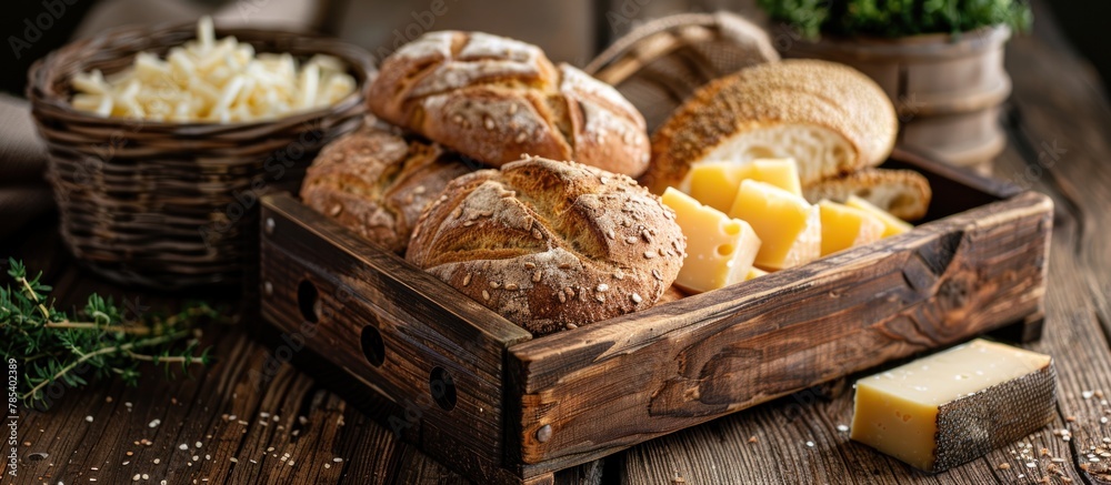 Fototapeta premium A wooden box brimming with assorted bread and cheese varieties, neatly arranged on a wooden table.