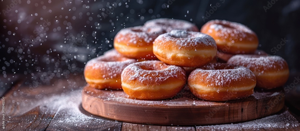 A variety of doughnuts - glazed, sprinkled, and powdered - piled neatly on a wooden board.