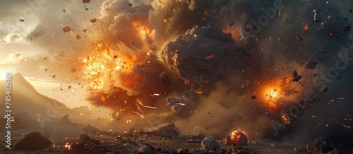A huge explosion of rocks and debris fills the sky, creating a chaotic scene of destruction and danger. The flying fragments paint a dramatic picture of devastation.