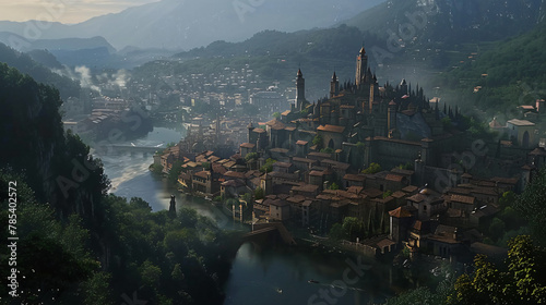 Majestic fantasy city nestled on rolling hills command