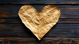 A crumpled paper heart on a dark wooden background, symbolizing fragile emotions or a broken heart.