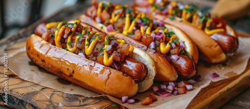 A selection of hot dogs with various toppings such as mustard, ketchup, onions, and relish placed on a tray. photo