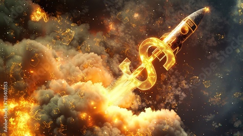 a dollar symbol depicted as a rocket blasting off into space, symbolizing the exponential growth and soaring success of the dollar in the global market photo