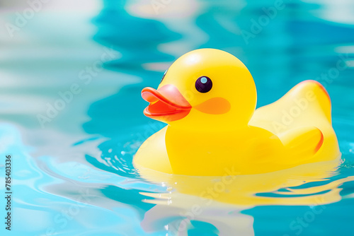 Yellow rubber duck close-up on the water, copy space, outdoor, no people, copy space