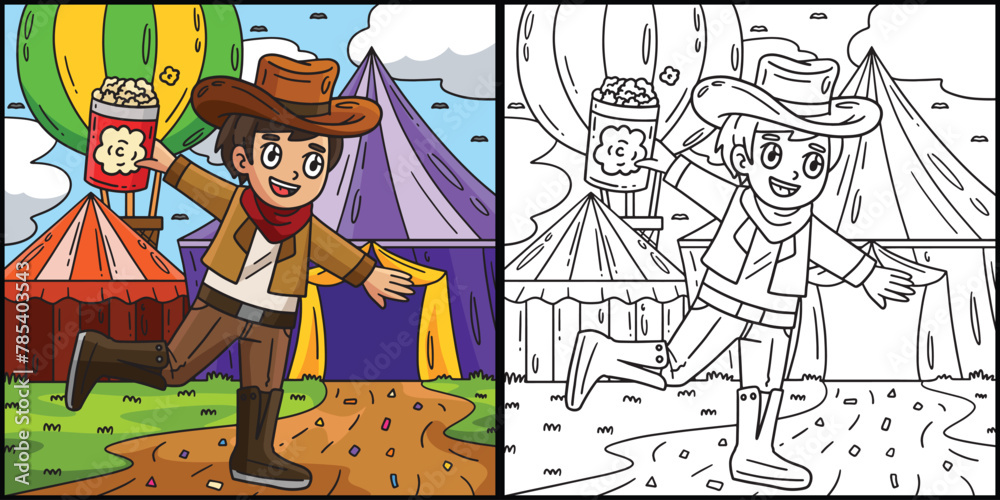 Circus in Cowboy Outfit Coloring Page Illustration