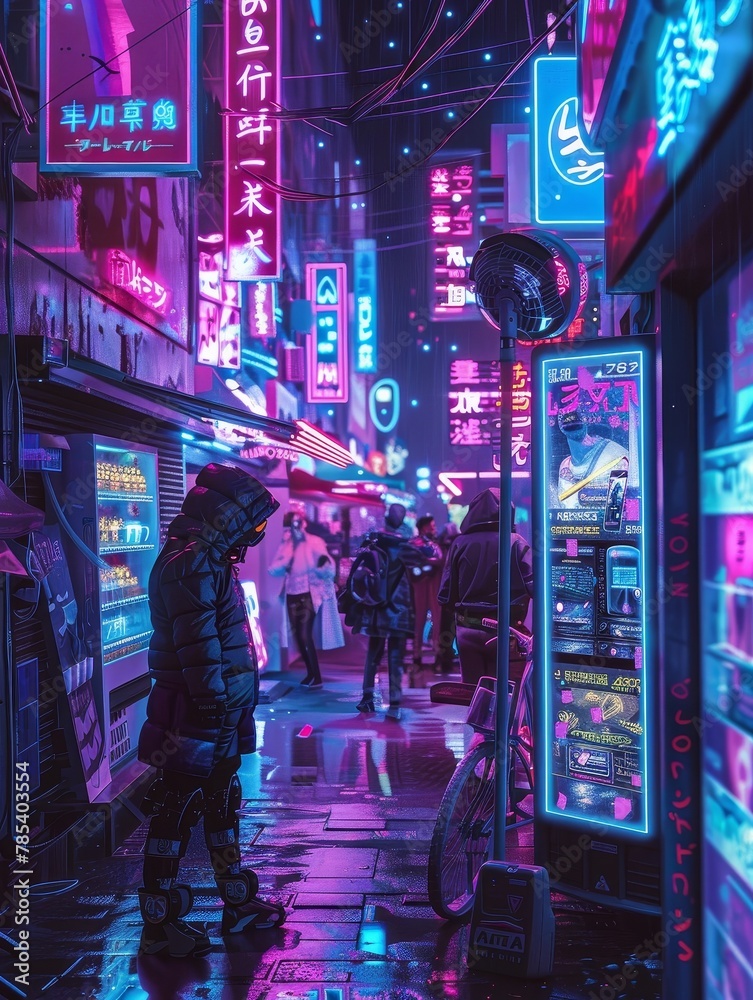 A cyberpunk marketplace where vendors sell enchanted cybernetics and spellcoded software under neon lights