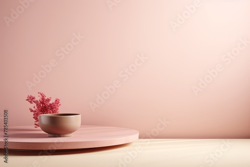 Photo of a modern minimal abstract background, an empty table top in a light color with a soft shadow and copy space for product display presentation