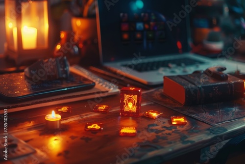A fusion of ancient talismans and modern tech on a desk, glowing runes beside a laptop, under soft, ethereal light