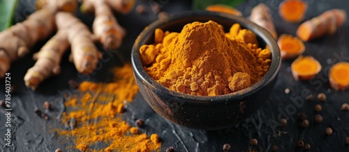 A small bowl filled with turmeric powder is surrounded by fresh turmeric roots.
