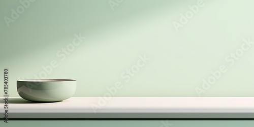 Photo of a modern minimal abstract background, an empty table top in a light color with a soft shadow and copy space for product display presentation