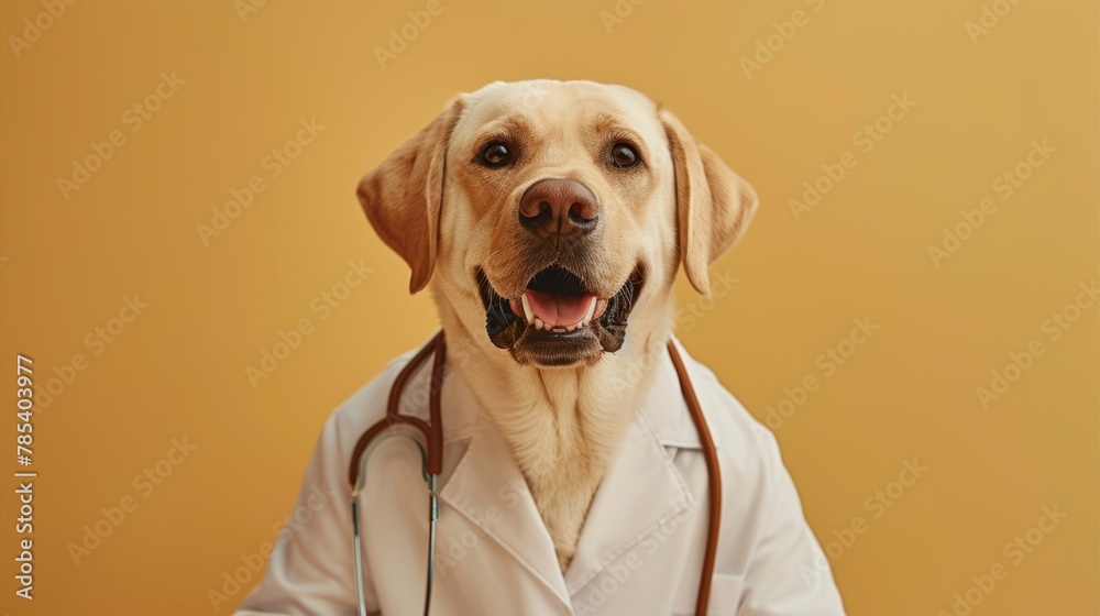 Dog wearing doctor outfit on soft gradient background for medical worker concept