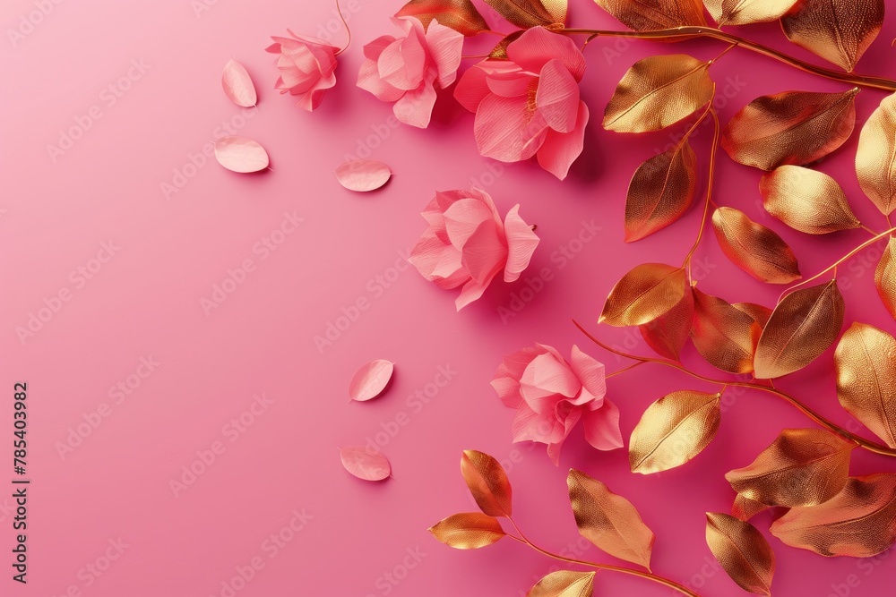 Elegant Pink Floral Arrangement with Gold Leaves on Pink Background with Copy Space Elegant Pink Floral Arrangement with Gold Leaves on Pink Background with Copy Space