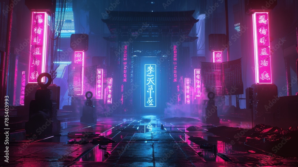 Mystic ritual space with futuristic gadgets, surrounded by neon lights and dark shadows, blending old and new worlds