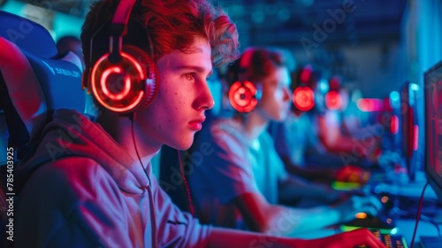 Intense esports competition, players illuminated by vivid screen light