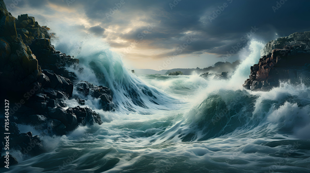 Obraz premium Beautiful seascape with stormy ocean waves crashing on rocks