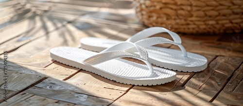 A pair of stylish white sandals placed neatly on top of a wooden floor.