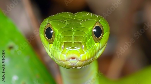 Close up of a strikingly vivid green serpent in the rich tropical jungle setting