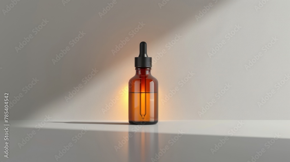 A bottle containing liquid with a dropper placed on a table. A bottle containing liquid with a dropper placed on a table.