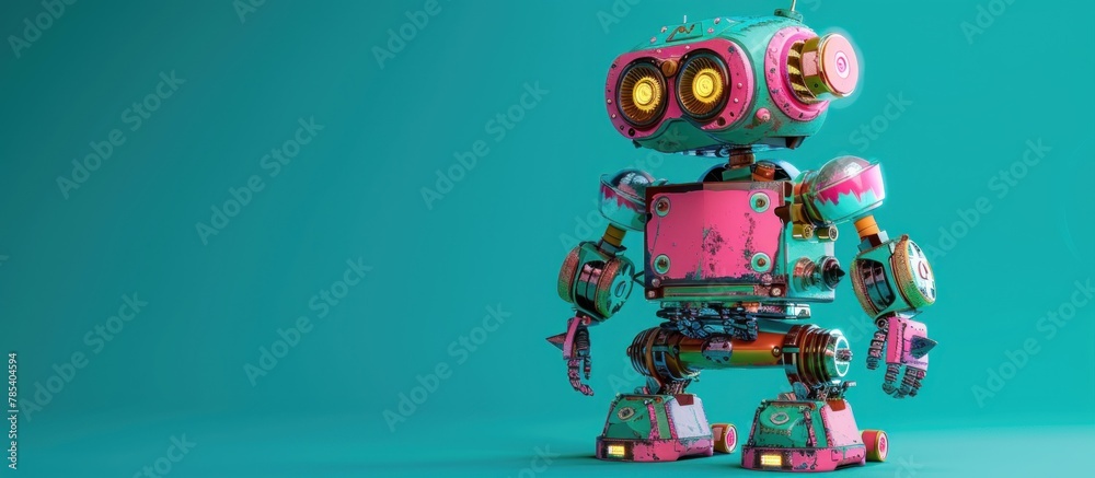 A pink and blue robot standing upright on a plain blue background.