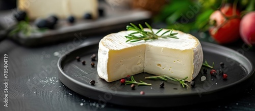 A delicious piece of cheese placed on a sleek black plate. photo