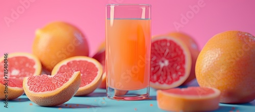 A glass of orange juice sits among a cluster of grapefruits and oranges, showcasing a vibrant mix of citrus fruits.