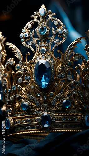 Close up of a royal crown with blue gemstones on black background