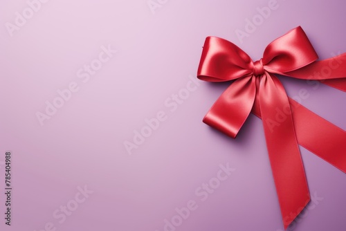 Red ribbon with bow on lavender background  Christmas card concept. Space for text. Red and Lavender Background