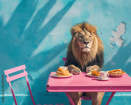 A majestic lion sitting at a pastel pink breakfast table with pastries and coffee. Quirky and artistic animal concept with bright, playful colors. photo