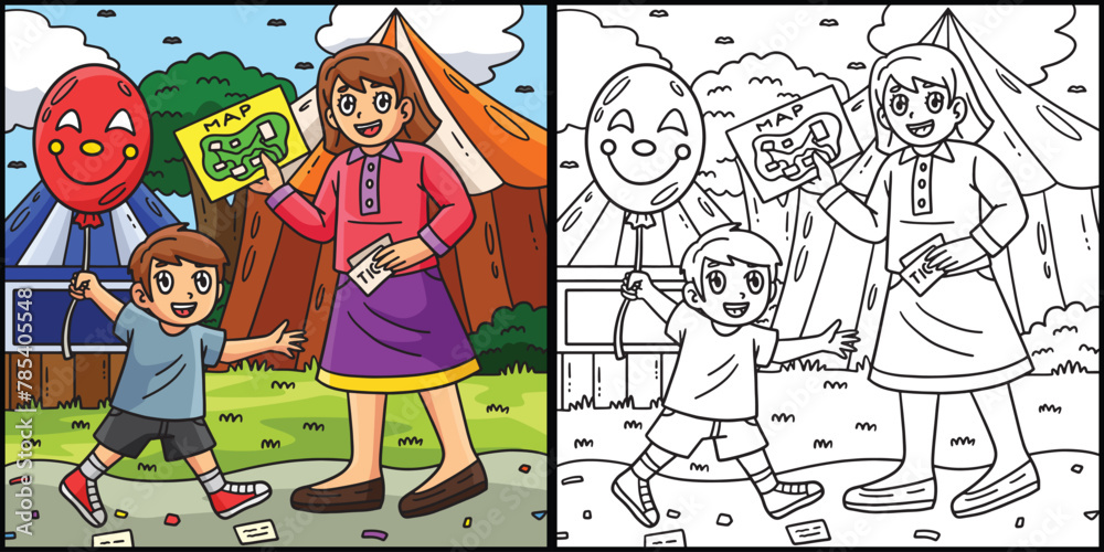 Parent and Child in Circus Coloring Illustration