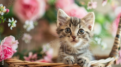 A curious kitten peeks out from a wicker basket surrounded by flowers