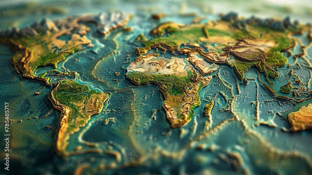 World Map: A photo of a 3D world map model, with raised features indicating mountains and valleys World Map: A photo of a 3D world map model, with raised features indicating mountains and valleys