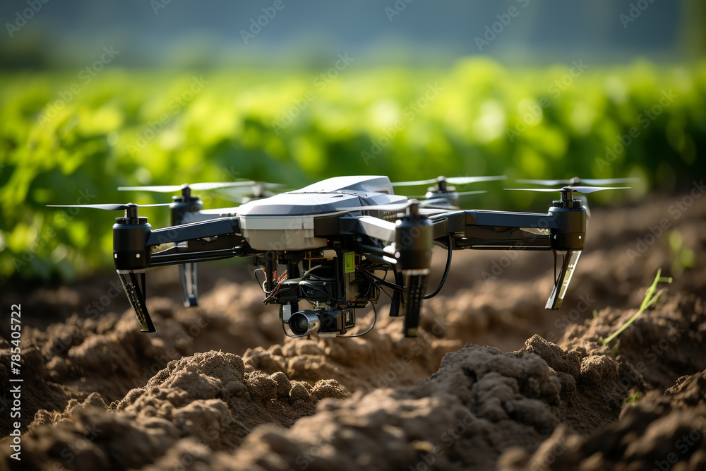 An agritech drone scanning crops with precision sensors, optimizing irrigation and fertilization for increased agricultural yield Modern technologies. Industrial drone to increase productivity
