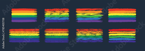 Set of grunge rainbow pride LGBT flags. Different flag textures hand drawn with a ink, crayon and chalk. vector illustration isolated on black background.