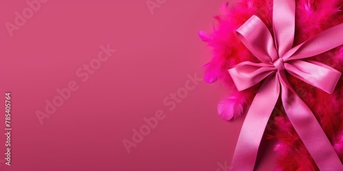 Red ribbon with bow on magenta background  Christmas card concept. Space for text. Red and Magenta Background