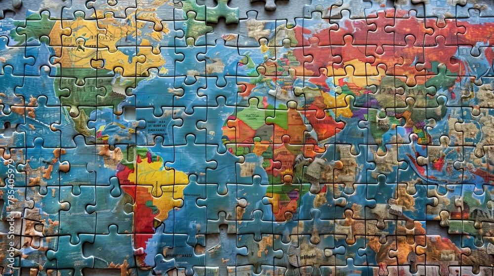 World Map: A photo of a world map puzzle, with pieces representing countries